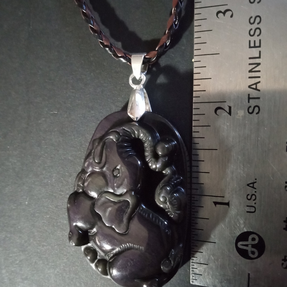 Carved 2" Black Obsidian Elephant Pendant